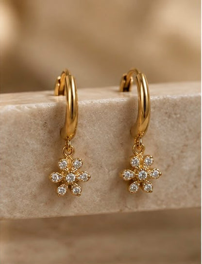 Floral Lab-Grown Diamond Gold-Plated Silver Drop Hoop Earrings