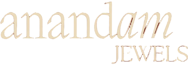 A solid dark red square background with the text 'anandam JEWELS' centered in a light beige serif font.